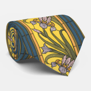 Cravate Iris Fleur Art Nouveau Vitrail Bleu Or