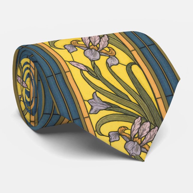 Cravate Iris Flower Art Nouveau Vitrail Bleu Or (Roulé)