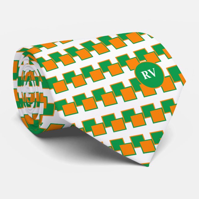 Cravate Irlande Vert Blanc Orange Motif Monogramme (Roulé)