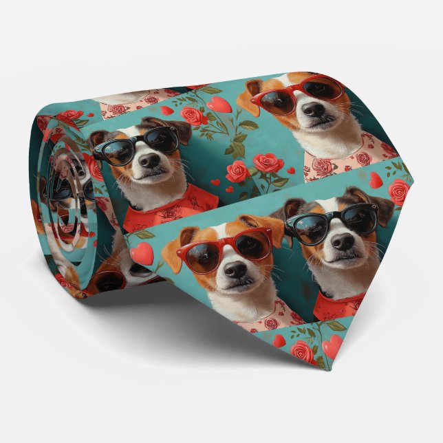 Cravate Jack Russell avec roses de cœur pour la Saint-Vale (Roulé)