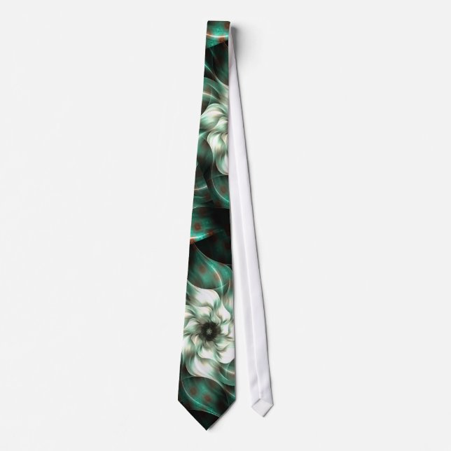 Cravate Jade foncé Vert et blanc Fleur fractale Abstraite (Devant)