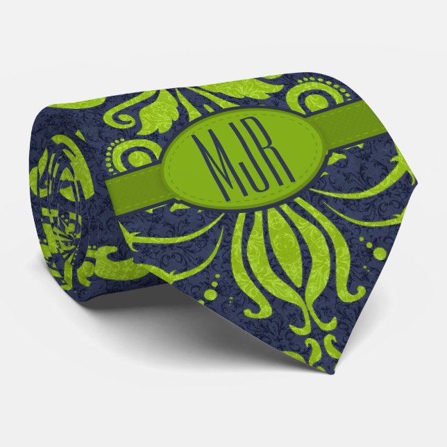 Cravate Jade Green et Navy Damask Swirl Monogram (Roulé)
