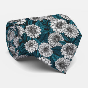 Cravate Jardin blanc Dahlia / feuilles bleus 2