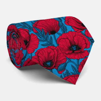 Cravate Jardin de pavot rouge sur bleu