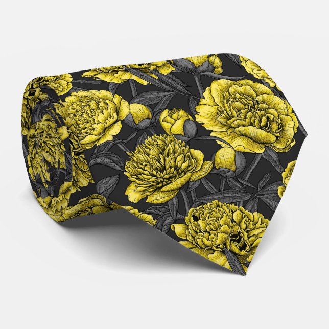 Cravate Jardin de pivoine nocturne en jaune et gris (Roulé)