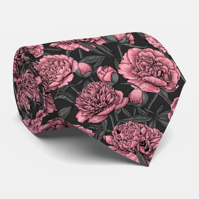 Cravate Jardin de pivoine nocturne rose et gris (Roulé)