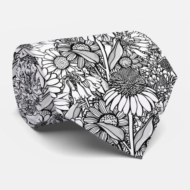 Cravate Jardin Fleur sauvage australien noir et blanc (Roulé)