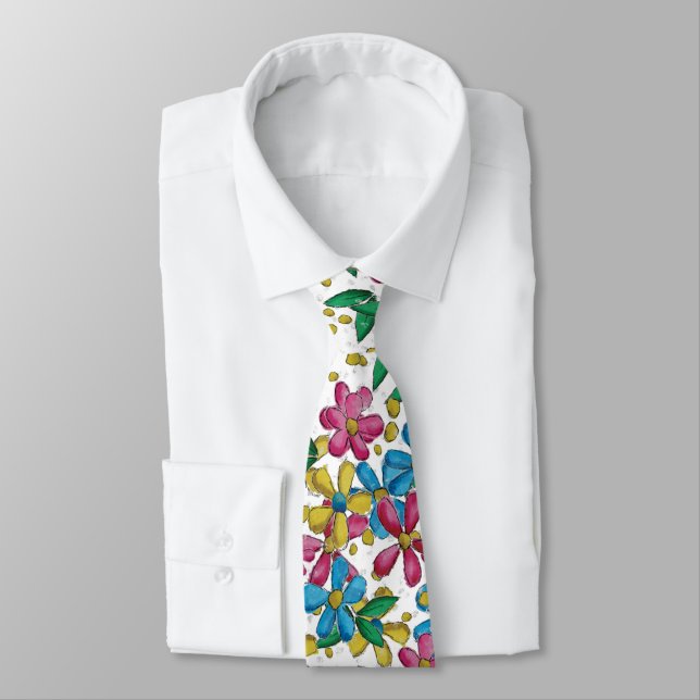 Cravate Jaune Clair Bleu Chaud Rose Floral Été Motif (Attaché)