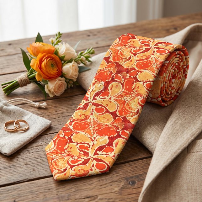 Cravate Jaune Rouge Orange Bali Style Batik Paisley Motif (Créateur téléchargé)