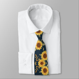 Cravate Jaune Soleil Or Navy Tournesols Motif Feuilles