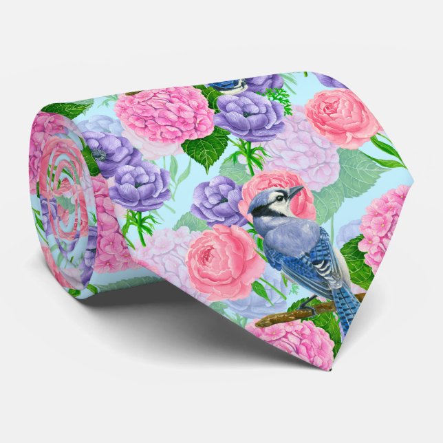 Cravate Jay bleu et fleurs motif aquarelle (Roulé)
