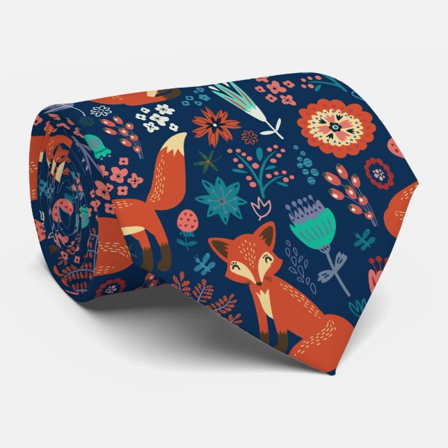 Cravate Joli Renard Rouge Et Fleurs Motif (Roulé)
