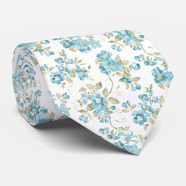 Cravate Joli vert olive aqua turquoise floral aquarelle (Roulé)