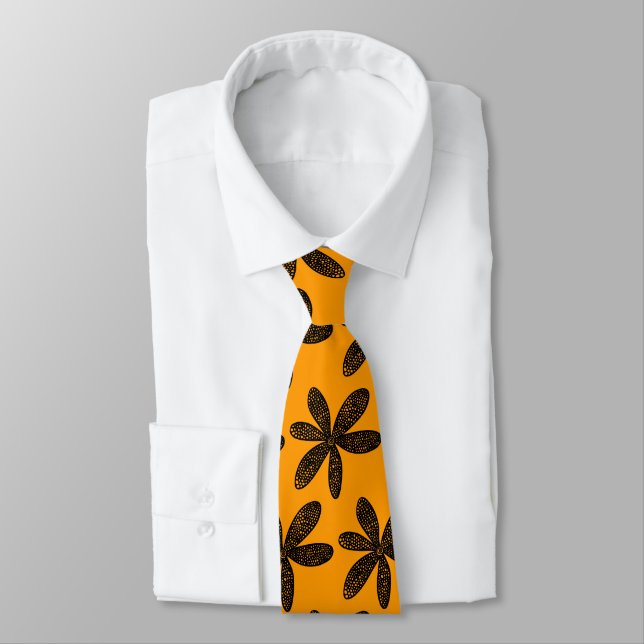 Cravate Jolie fleur - Noir sur orange clair (Attaché)