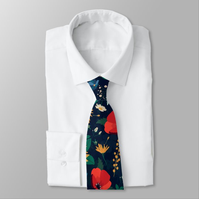 Cravate Jolie Fleurs sauvages colorées Design bleu marine (Attaché)