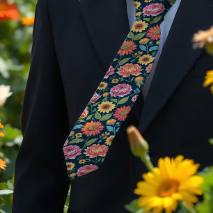Cravate Jolies fleurs estivales colorées florales sur fond