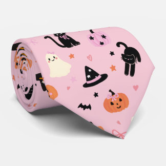 Cravate Jolis fantômes roses d'Halloween, chats et citroui