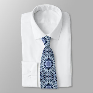 Cravate Kaleidoscope bleu et blanc Mandala Motif
