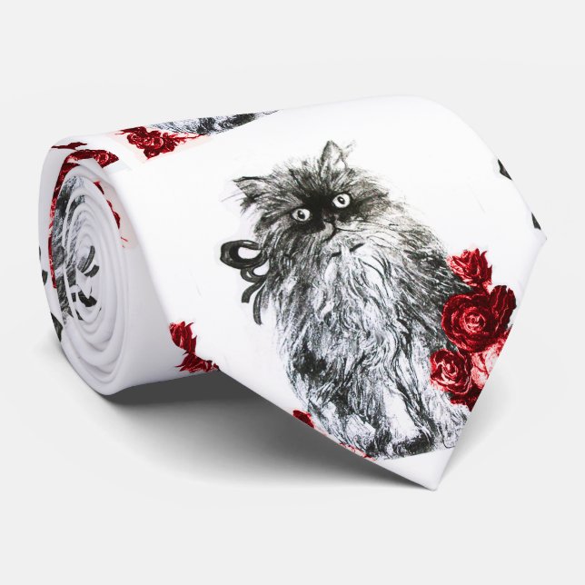 Cravate KITTY CAT, CUISINE AVEC ROSES ROUGES Noir Blanc (Roulé)