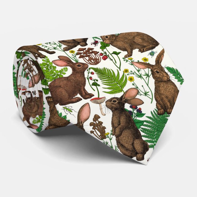 Cravate Lapins et flore boisée 4 (Roulé)