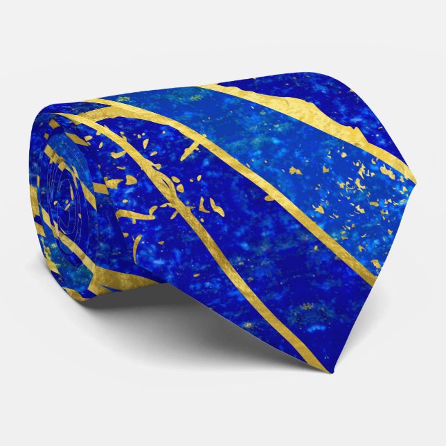 Cravate Lazulite de Lapis et motif de vagues d'or (Roulé)