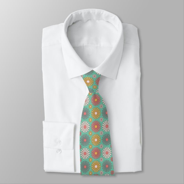Cravate les années 70 Fleurs Vintages rétro sur Turquoise (Attaché)
