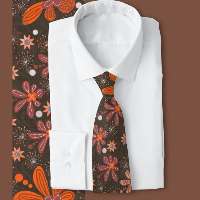 Cravate les années 70 Jardin marron orange (70s inspired floral tie)