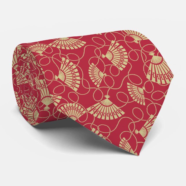 Cravate Les fans d'or japonais en rouge (Roulé)