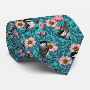 Cravate Les poulets dans la nature rose, rose et bleu