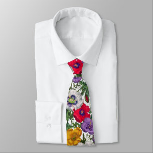 Cravate Lilac Rouge Blanc Jaune Poppies & Feuilles verts