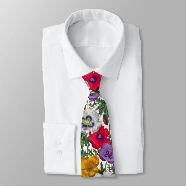Cravate Lilac Rouge Blanc Jaune Poppies & Feuilles verts (Attaché)