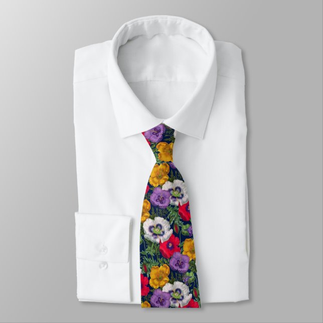 Cravate Lilac Rouge Blanc Jaune Poppies & Feuilles verts (Attaché)