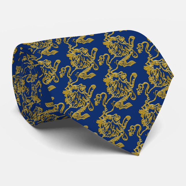 Cravate Lion d'or sur le bleu marine (Roulé)