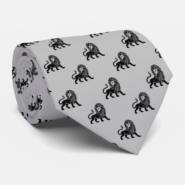 Cravate Lion Motif - Noir sur gris clair (Roulé)
