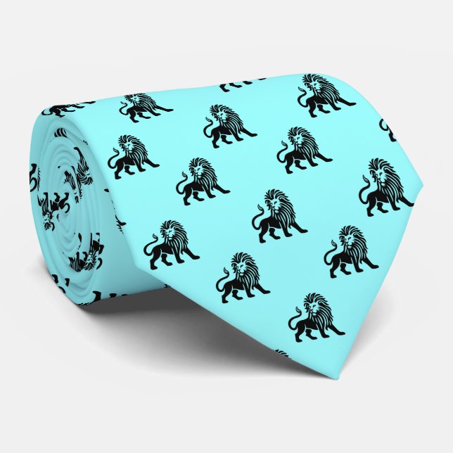 Cravate Lion Motif - Noir sur Ice Blue (Roulé)