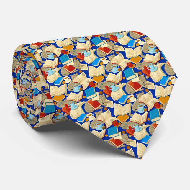 Cravate Livres et chats en bleu (Roulé)