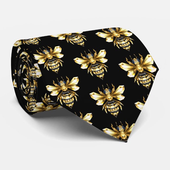 Cravate Logo Faux Gold Foil Bee Polygonal sur Noir (Roulé)