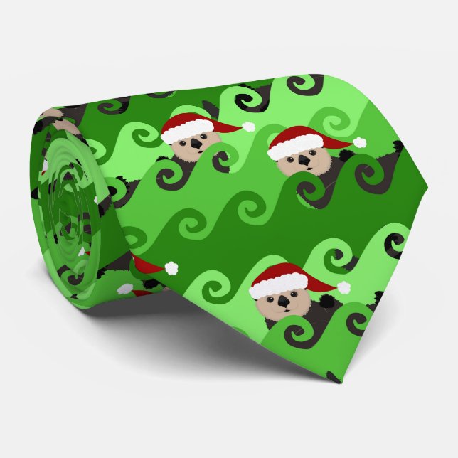 Cravate Loutres de mer de Noël Vagues vertes (Roulé)