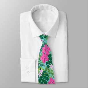 Cravate Luna Hibiscus Garden Hawaiian - Turquoise et rose