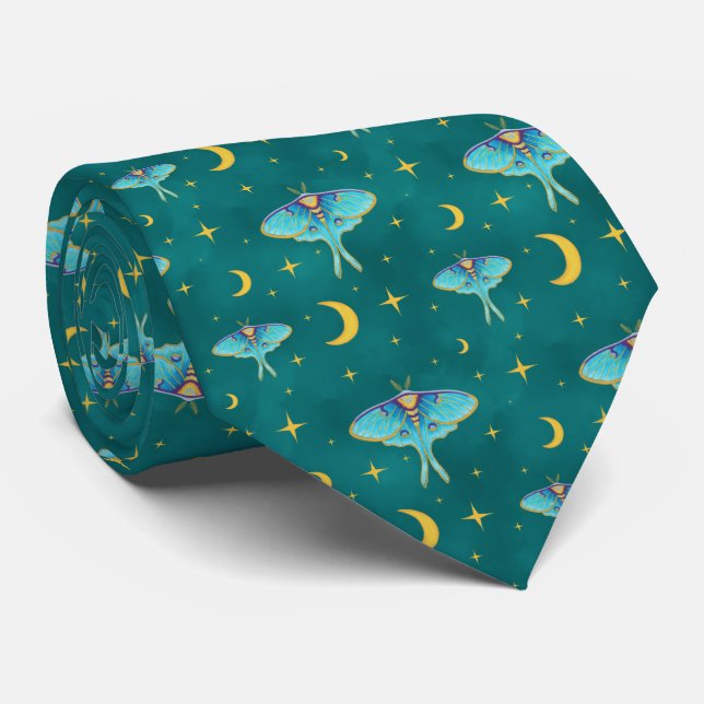Cravate Luna Moth Céleste Lunes & Étoiles Turquoise (Roulé)