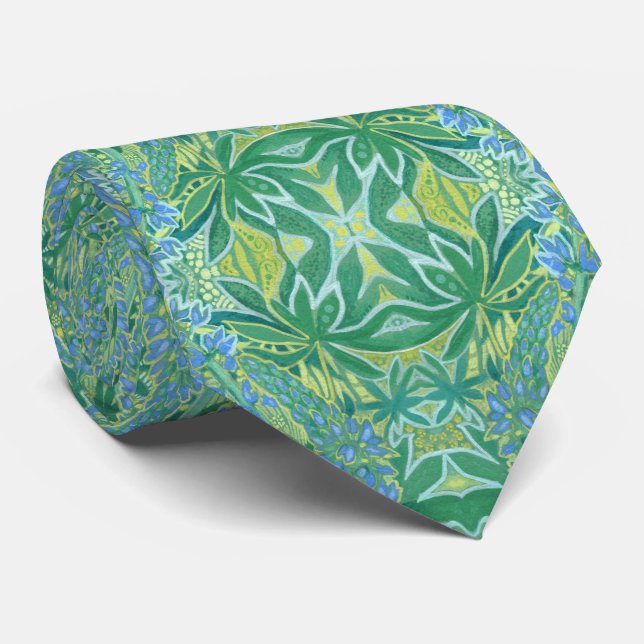 Cravate Lupine Fleurs Bohème Arabesque Motif Vert (Roulé)