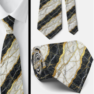 Cravate Luxueux Lien de Pierre   Marbre Noir, Blanc et Or