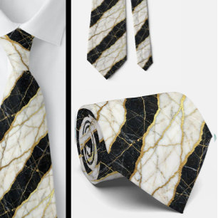 Cravate Luxueux Lien de Pierre Marbre Noir, Blanc & Or