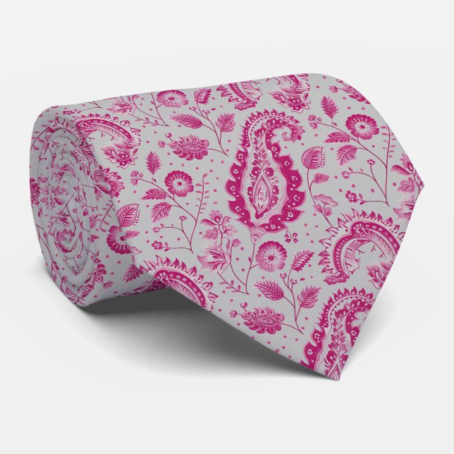 Cravate Magenta et Grey Paisley (Roulé)