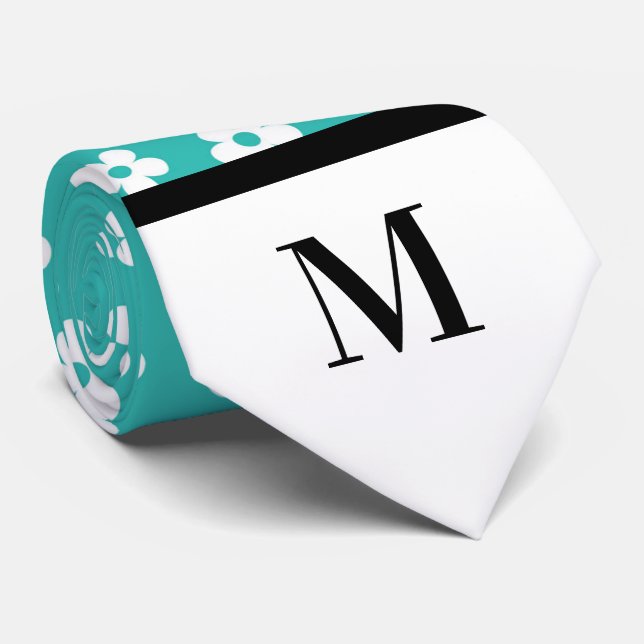 Cravate Maisières blanches et turquoise Necktie monogramme (Roulé)