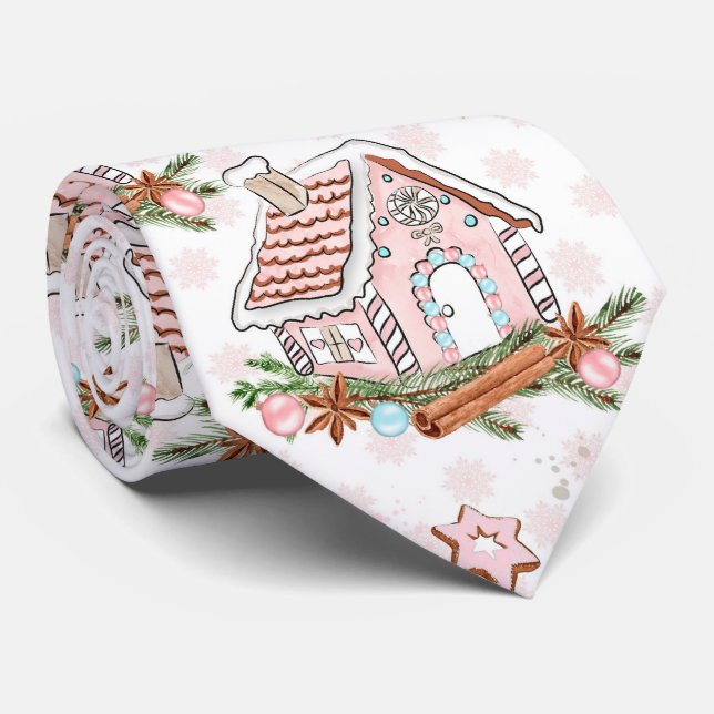 Cravate Maison de pain d'épices rose de Noël (Roulé)
