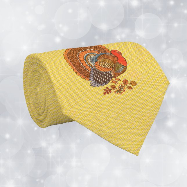 Cravate Male Turkey Fanned Tail Leaves Golden Yellow (Male turkey fanned tail brown orange feathers in Fall leaves gold yellow Thanksgiving mens necktie.)