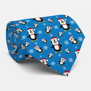 Cravate Manchot d'hiver de Noël sur fond bleu personnalisé