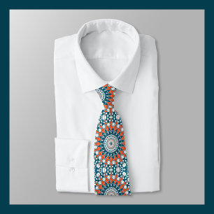Cravate Mandala géométrique sarcelle et orange