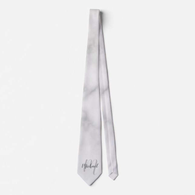 Cravate Marbre blanc Moderne Script Monogramme et nom (Devant)